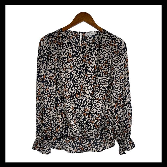THML Black Tan White Abstract Print Blouse Long Sleeve Bubble Hem Women’s XS - Picture 1 of 13